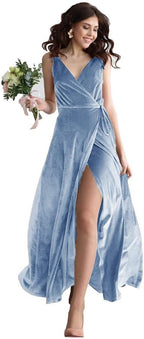 Samt V-Ausschnitt Brautjungfernkleid Langes Damen Ballkleid Formales Partykleid mit Schlitz 