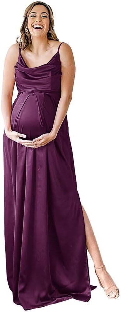 Spaghettiträger Umstandskleid Brautjungfernkleid für Fotoshooting Langes Satin Beinschlitz Schwangeres Abschlussball Partykleid 