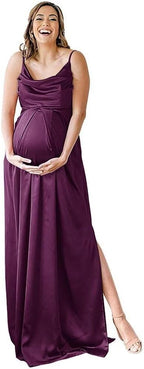 Spaghettiträger Umstandskleid Brautjungfernkleid für Fotoshooting Langes Satin Beinschlitz Schwangeres Abschlussball Partykleid 
