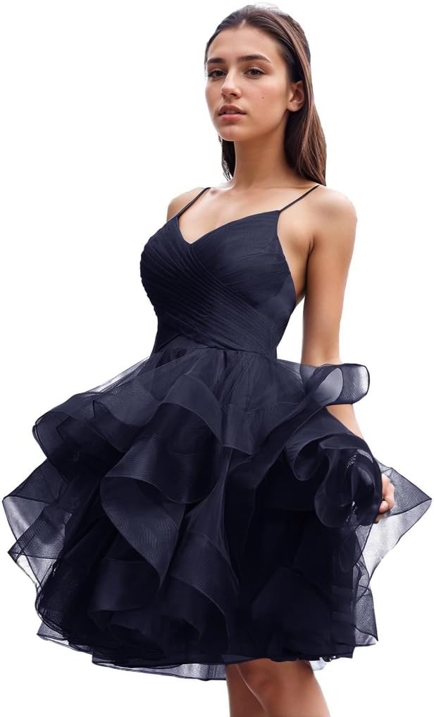 Women's Puffy Ruffle Short Homecoming Dress Tull Tutu Prom Dress V Neck Formal Party Gown