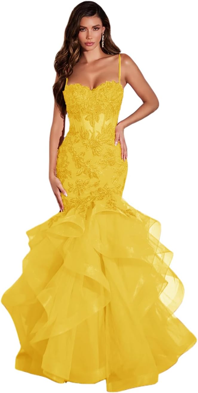 Damen Ballkleid mit Spitzenapplikation, Tüll, lang, Meerjungfrau-Stil, Rüschen, funkelnd, formelles Abendkleid 