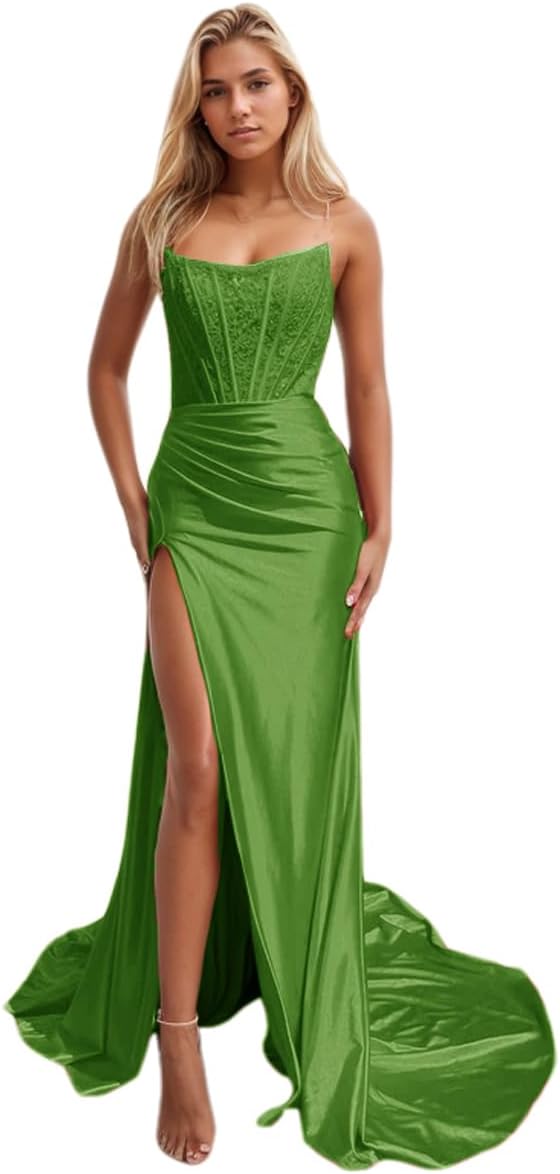 Vestidos de fiesta de sirena con encaje satinado para mujer, largos con abertura, sin tirantes, para noche formal, 2025 
