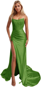 Vestidos de fiesta de sirena con encaje satinado para mujer, largos con abertura, sin tirantes, para noche formal, 2025 