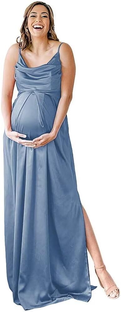 Spaghettiträger Umstandskleid Brautjungfernkleid für Fotoshooting Langes Satin Beinschlitz Schwangeres Abschlussball Partykleid 