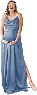 Spaghettiträger Umstandskleid Brautjungfernkleid für Fotoshooting Langes Satin Beinschlitz Schwangeres Abschlussball Partykleid 