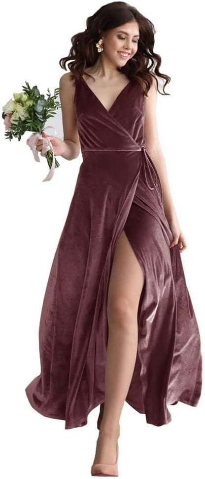 Velvet V Neck Bridesmaid Dress Long Women's Prom Formal Party Gown with Slit