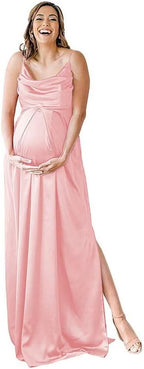 Spaghettiträger Umstandskleid Brautjungfernkleid für Fotoshooting Langes Satin Beinschlitz Schwangeres Abschlussball Partykleid 