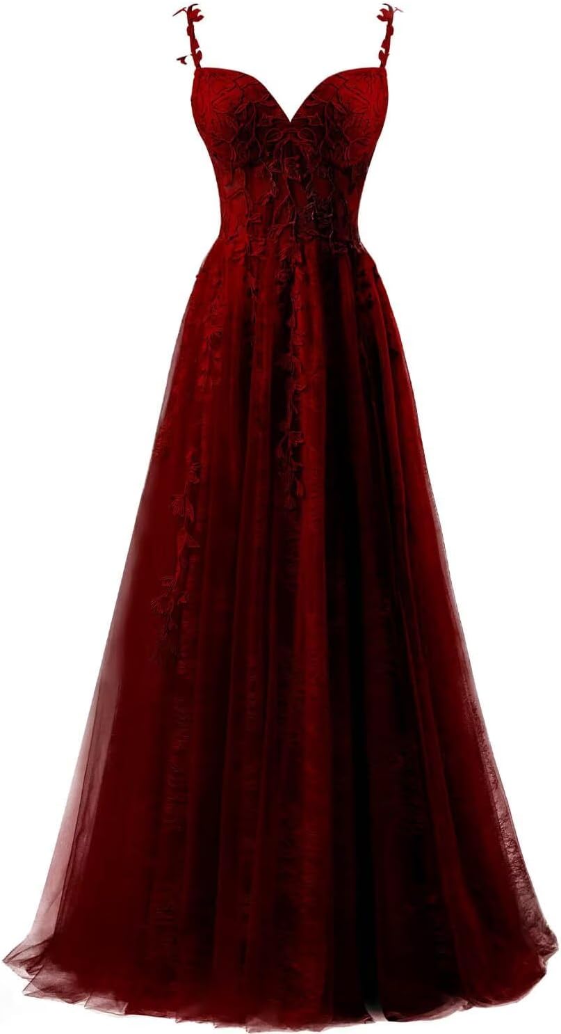 Vestidos de fiesta de tul con apliques de encaje para mujer 2025, vestido de fiesta formal de noche con tirantes finos y abertura 