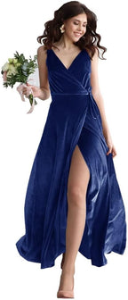 Samt V-Ausschnitt Brautjungfernkleid Langes Damen Ballkleid Formales Partykleid mit Schlitz 