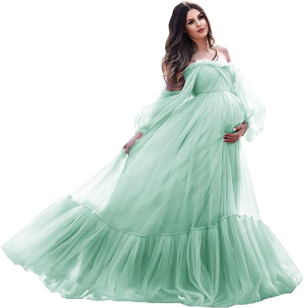 Puffy Sleeve Maternity Dress Tulle Robe for Photoshoot Off Shoulder Pregnancy Baby Shower Gown
