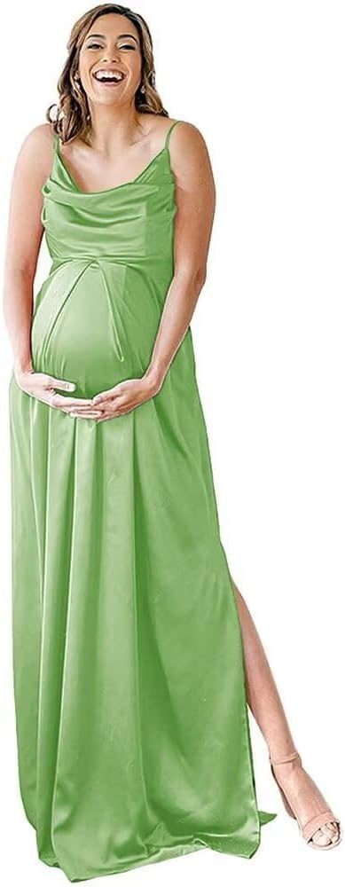 Spaghetti Strap Maternity Bridesmaid Dress for Photoshoot Long Satin Leg Split Pregnant Prom Party Gown