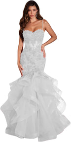 Damen Ballkleid mit Spitzenapplikation, Tüll, lang, Meerjungfrau-Stil, Rüschen, funkelnd, formelles Abendkleid 
