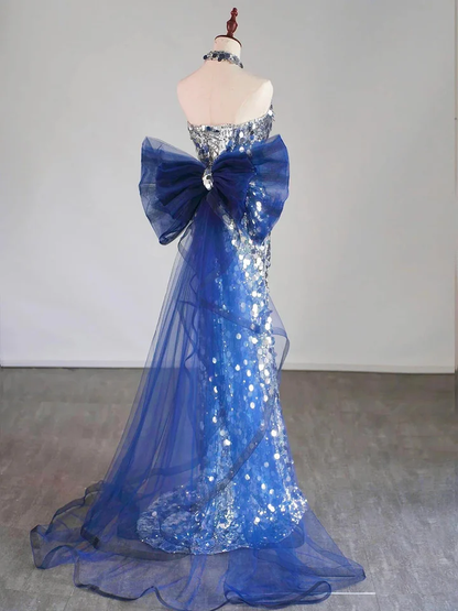 Glitzer Silber Pailletten Meerjungfrau Abendkleid Langes Ballkleid mit Schleife Y7746