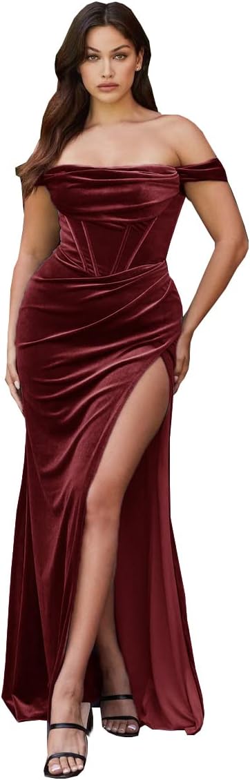 Vestido de fiesta de sirena con abertura de terciopelo para mujer, vestido largo de dama de honor con hombros descubiertos y sin tirantes 