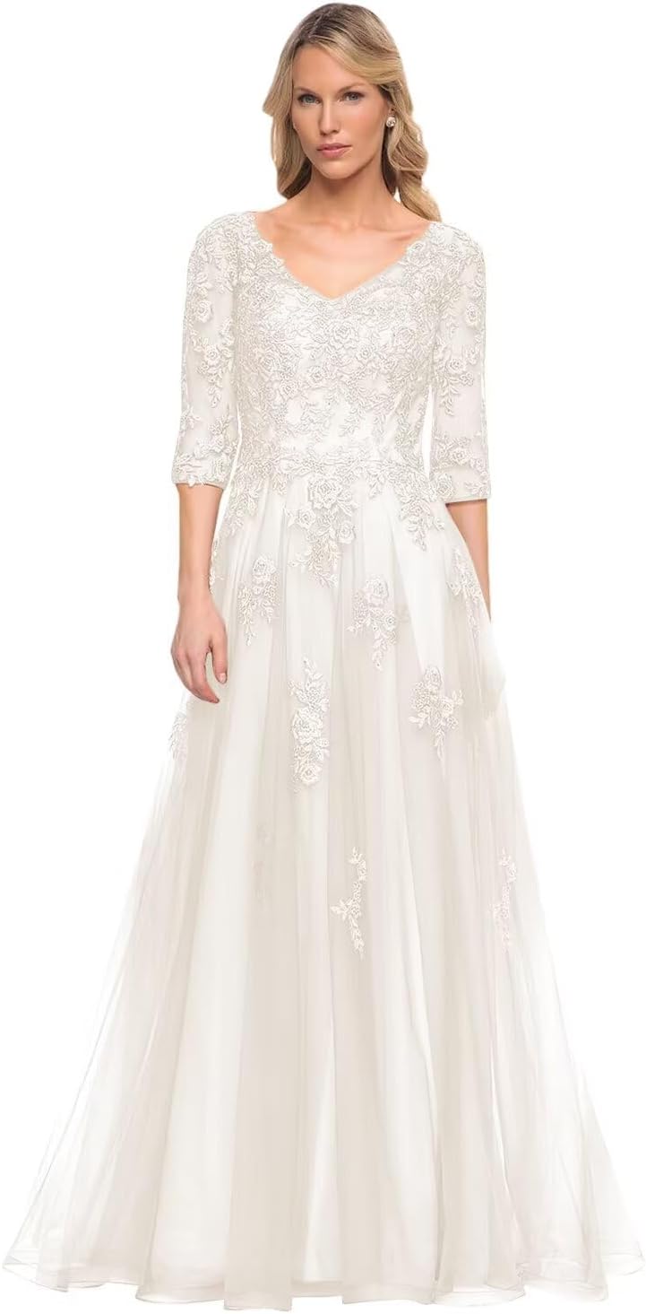 Women's V-Neck 3/4 Sleeve Mother of The Bride Dress A-line Tulle Lace Appliques Long Formal Party Dress QA117