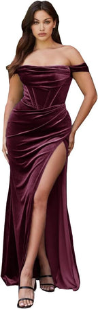 Damen Samt Schlitz Meerjungfrau Ballkleid Lang Schulterfrei Brautjungfernkleid Trägerlos Partykleid 
