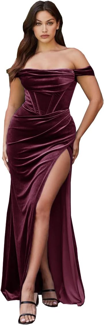 Vestido de fiesta de sirena con abertura de terciopelo para mujer, vestido largo de dama de honor con hombros descubiertos y sin tirantes 