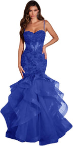 Damen Ballkleid mit Spitzenapplikation, Tüll, lang, Meerjungfrau-Stil, Rüschen, funkelnd, formelles Abendkleid 