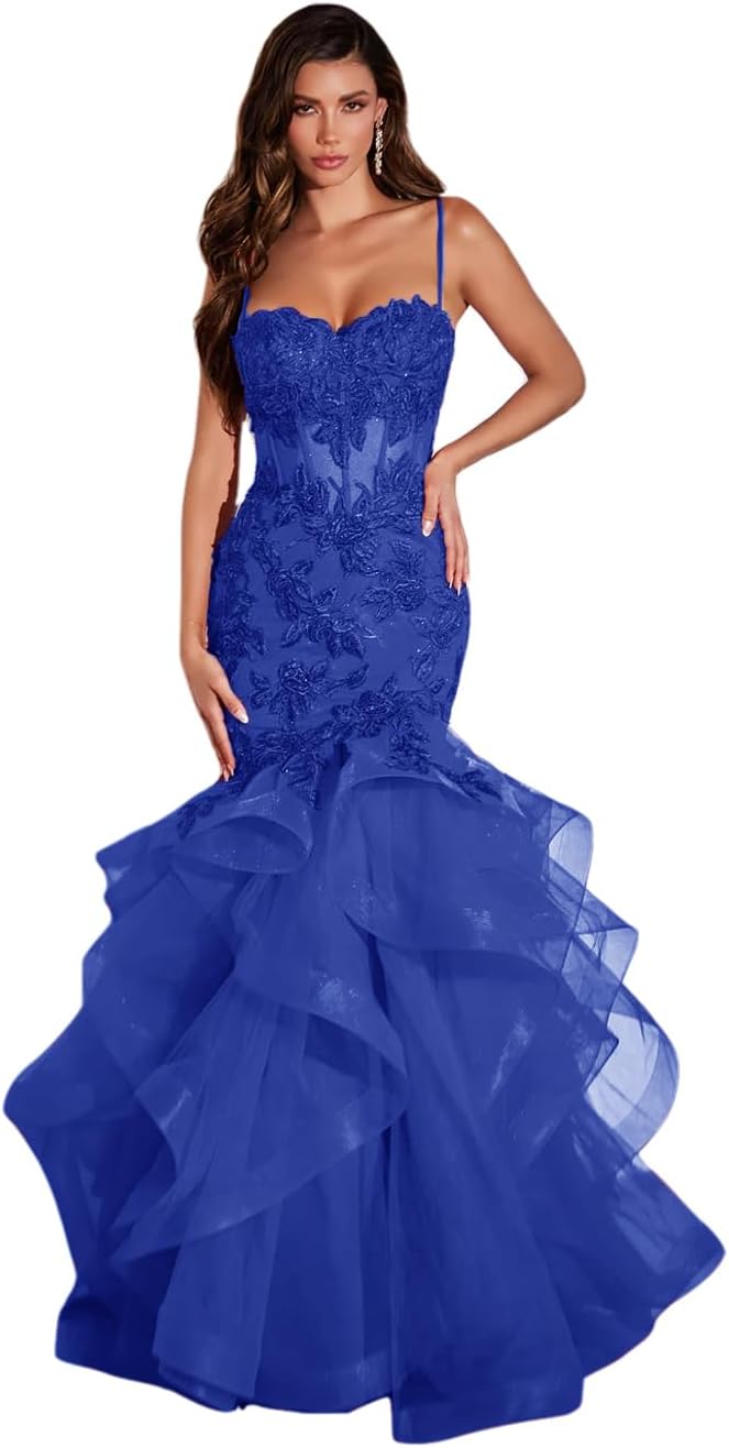 Damen Ballkleid mit Spitzenapplikation, Tüll, lang, Meerjungfrau-Stil, Rüschen, funkelnd, formelles Abendkleid 