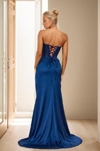 Vestidos de fiesta de sirena con encaje satinado para mujer, largos con abertura, sin tirantes, para noche formal, 2025 