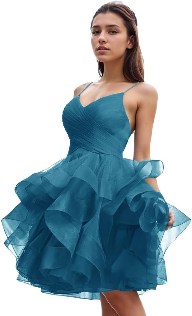 Women's Puffy Ruffle Short Homecoming Dress Tull Tutu Prom Dress V Neck Formal Party Gown