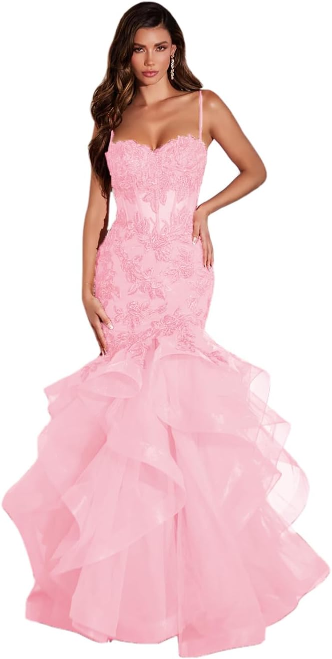 Damen Ballkleid mit Spitzenapplikation, Tüll, lang, Meerjungfrau-Stil, Rüschen, funkelnd, formelles Abendkleid 