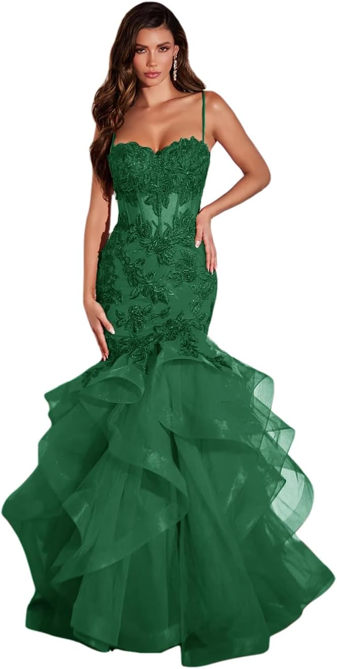 Damen Ballkleid mit Spitzenapplikation, Tüll, lang, Meerjungfrau-Stil, Rüschen, funkelnd, formelles Abendkleid 