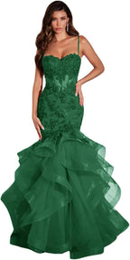Damen Ballkleid mit Spitzenapplikation, Tüll, lang, Meerjungfrau-Stil, Rüschen, funkelnd, formelles Abendkleid 