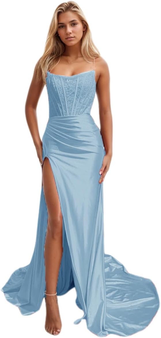 Vestidos de fiesta de sirena con encaje satinado para mujer, largos con abertura, sin tirantes, para noche formal, 2025 