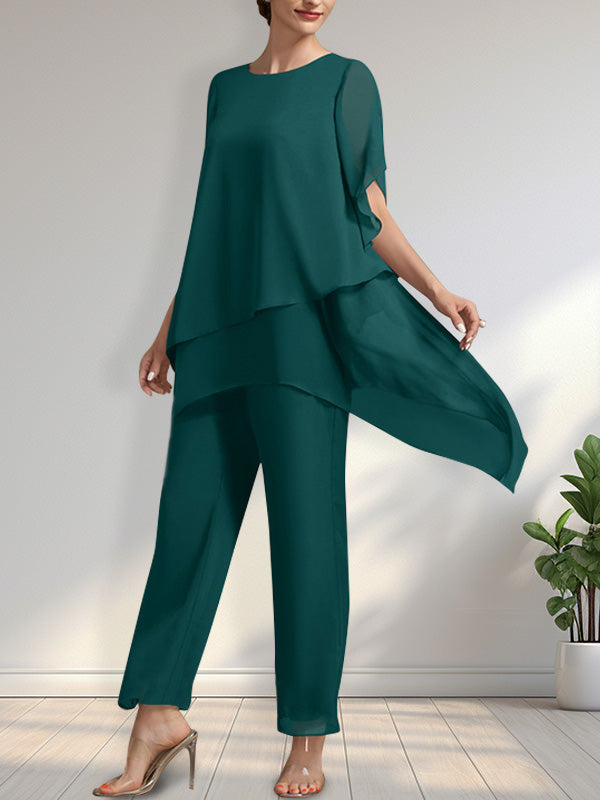 Vestido de gasa para madre de la novia, con escote redondo y largo hasta los tobillos, de mono/pantalón separado