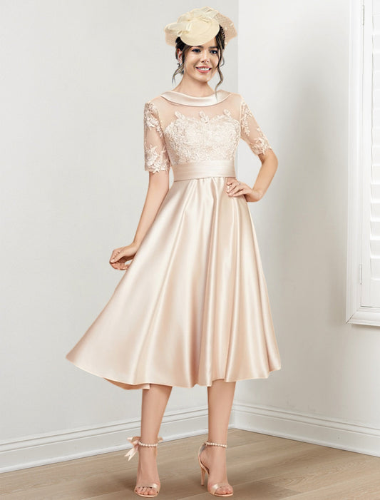 Vestidos de madre de la novia de corte A/princesa con escote redondo y largo hasta la rodilla