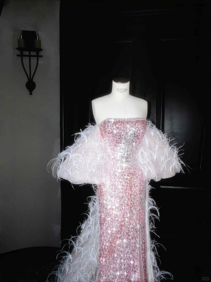 Vestido de noche de sirena con plumas y lentejuelas, sin tirantes, color rosa hada, con abertura, para fiesta, Y8660