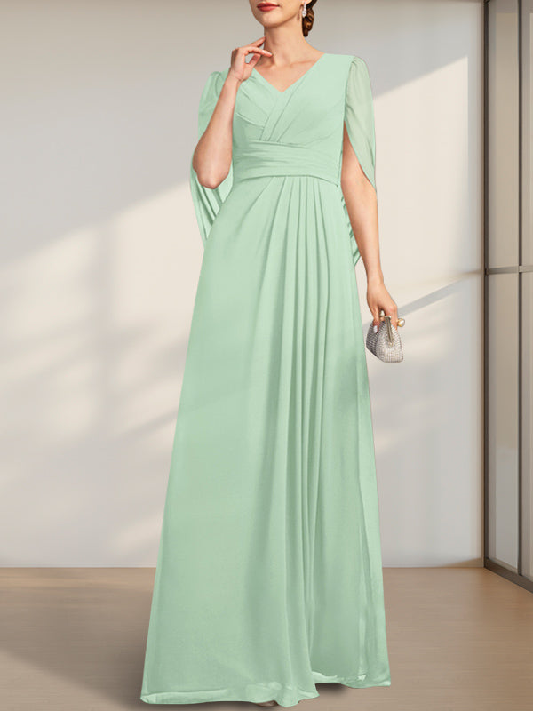Vestido de gasa para madre de la novia con escote en V, largo hasta el suelo, con pliegues