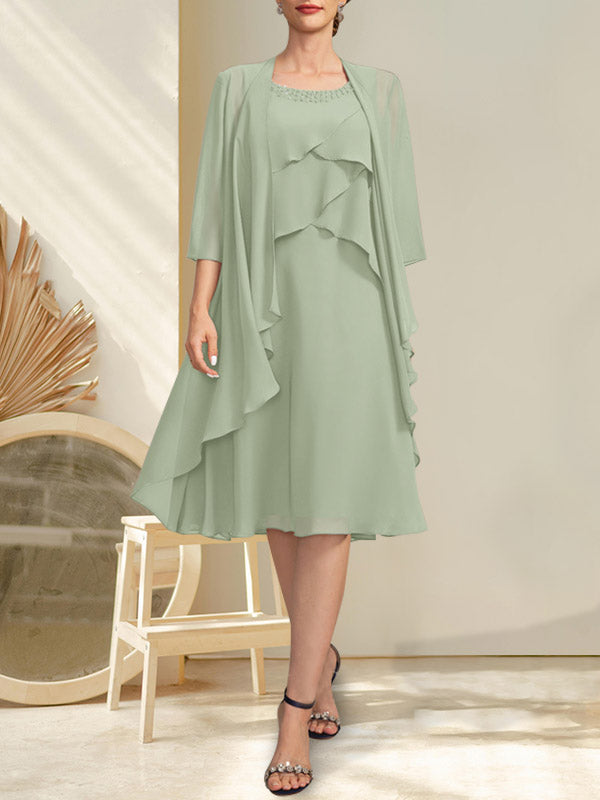 Vestido de gasa para madre de la novia con escote en A y escote redondo hasta la rodilla con cuentas