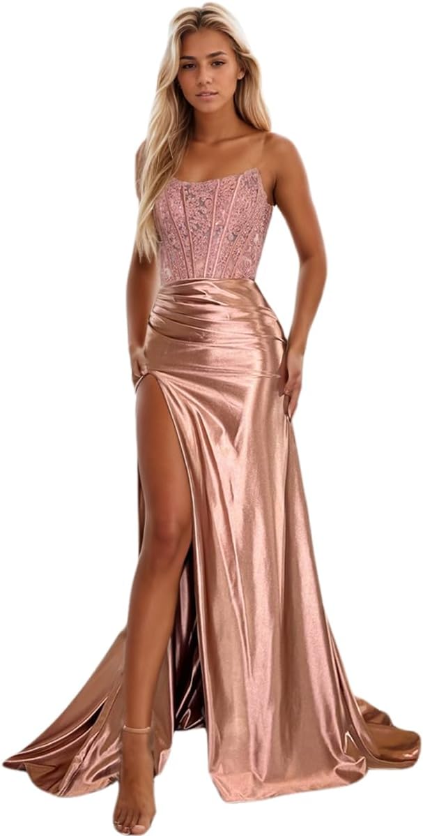 Vestidos de fiesta de sirena con encaje satinado para mujer, largos con abertura, sin tirantes, para noche formal, 2025 