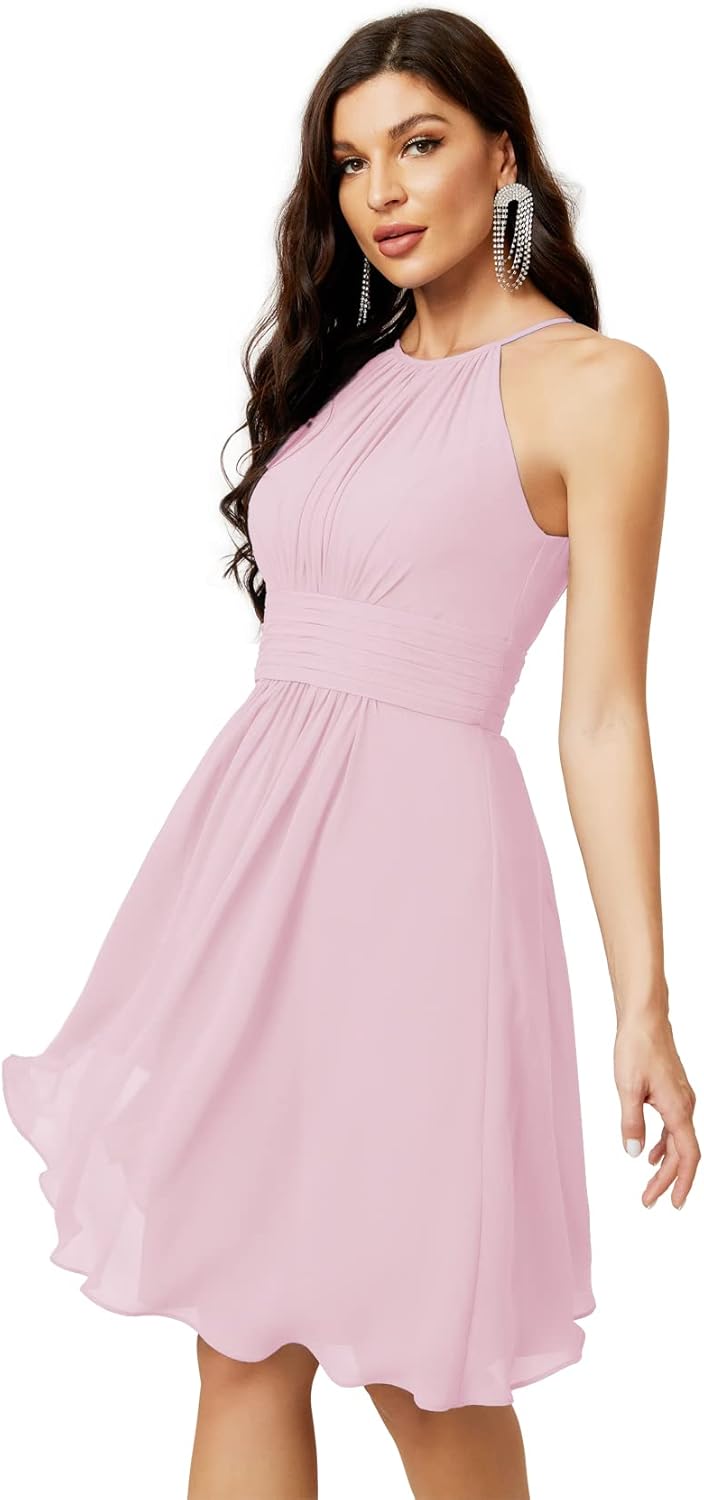 Sunnderly Short Halter Top Chiffon Bridesmaid Dresses Tea Length A Line Formal Evening Party Cocktail Dress Dusty Rose