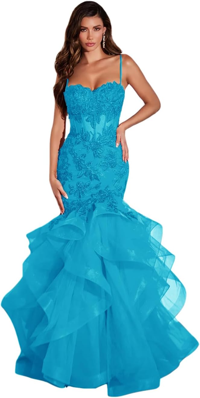 Damen Ballkleid mit Spitzenapplikation, Tüll, lang, Meerjungfrau-Stil, Rüschen, funkelnd, formelles Abendkleid 