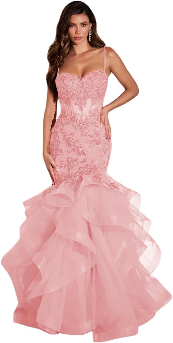 Damen Ballkleid mit Spitzenapplikation, Tüll, lang, Meerjungfrau-Stil, Rüschen, funkelnd, formelles Abendkleid 
