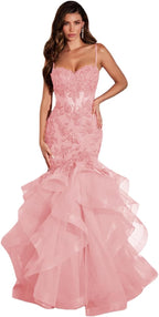 Damen Ballkleid mit Spitzenapplikation, Tüll, lang, Meerjungfrau-Stil, Rüschen, funkelnd, formelles Abendkleid 