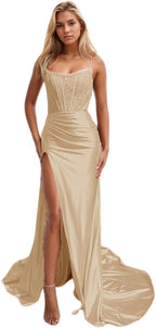 Vestidos de fiesta de sirena con encaje satinado para mujer, largos con abertura, sin tirantes, para noche formal, 2025 