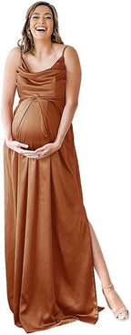 Spaghettiträger Umstandskleid Brautjungfernkleid für Fotoshooting Langes Satin Beinschlitz Schwangeres Abschlussball Partykleid 