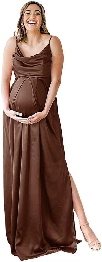 Spaghettiträger Umstandskleid Brautjungfernkleid für Fotoshooting Langes Satin Beinschlitz Schwangeres Abschlussball Partykleid 
