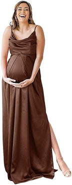 Spaghettiträger Umstandskleid Brautjungfernkleid für Fotoshooting Langes Satin Beinschlitz Schwangeres Abschlussball Partykleid 