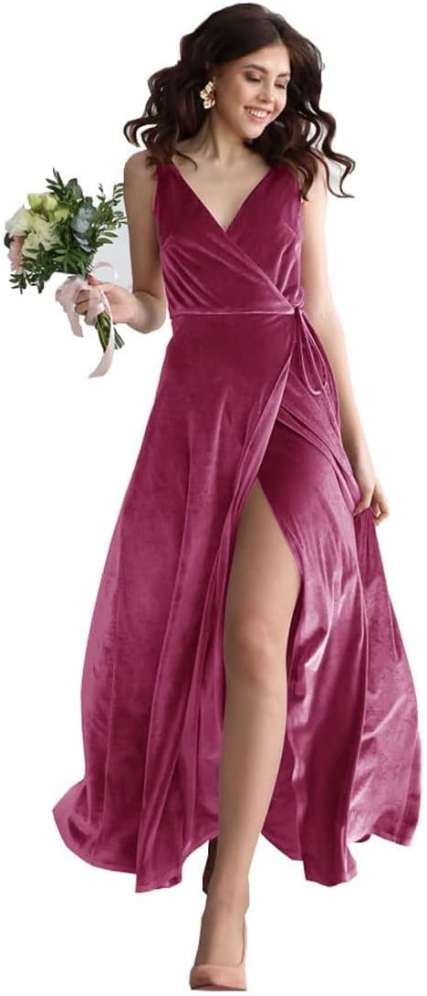 Velvet V Neck Bridesmaid Dress Long Women's Prom Formal Party Gown with Slit