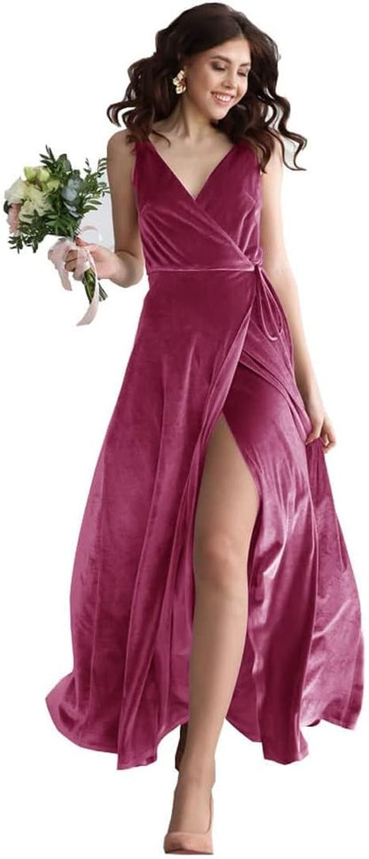 Velvet V Neck Bridesmaid Dress Long Women's Prom Formal Party Gown with Slit