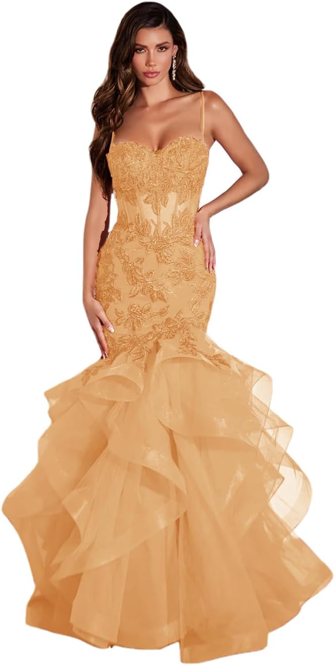 Damen Ballkleid mit Spitzenapplikation, Tüll, lang, Meerjungfrau-Stil, Rüschen, funkelnd, formelles Abendkleid 