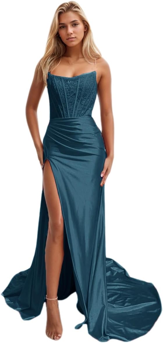 Vestidos de fiesta de sirena con encaje satinado para mujer, largos con abertura, sin tirantes, para noche formal, 2025 