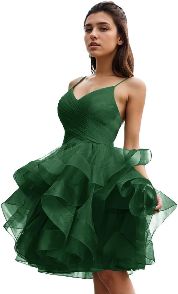 Women's Puffy Ruffle Short Homecoming Dress Tull Tutu Prom Dress V Neck Formal Party Gown