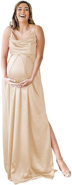 Spaghettiträger Umstandskleid Brautjungfernkleid für Fotoshooting Langes Satin Beinschlitz Schwangeres Abschlussball Partykleid 