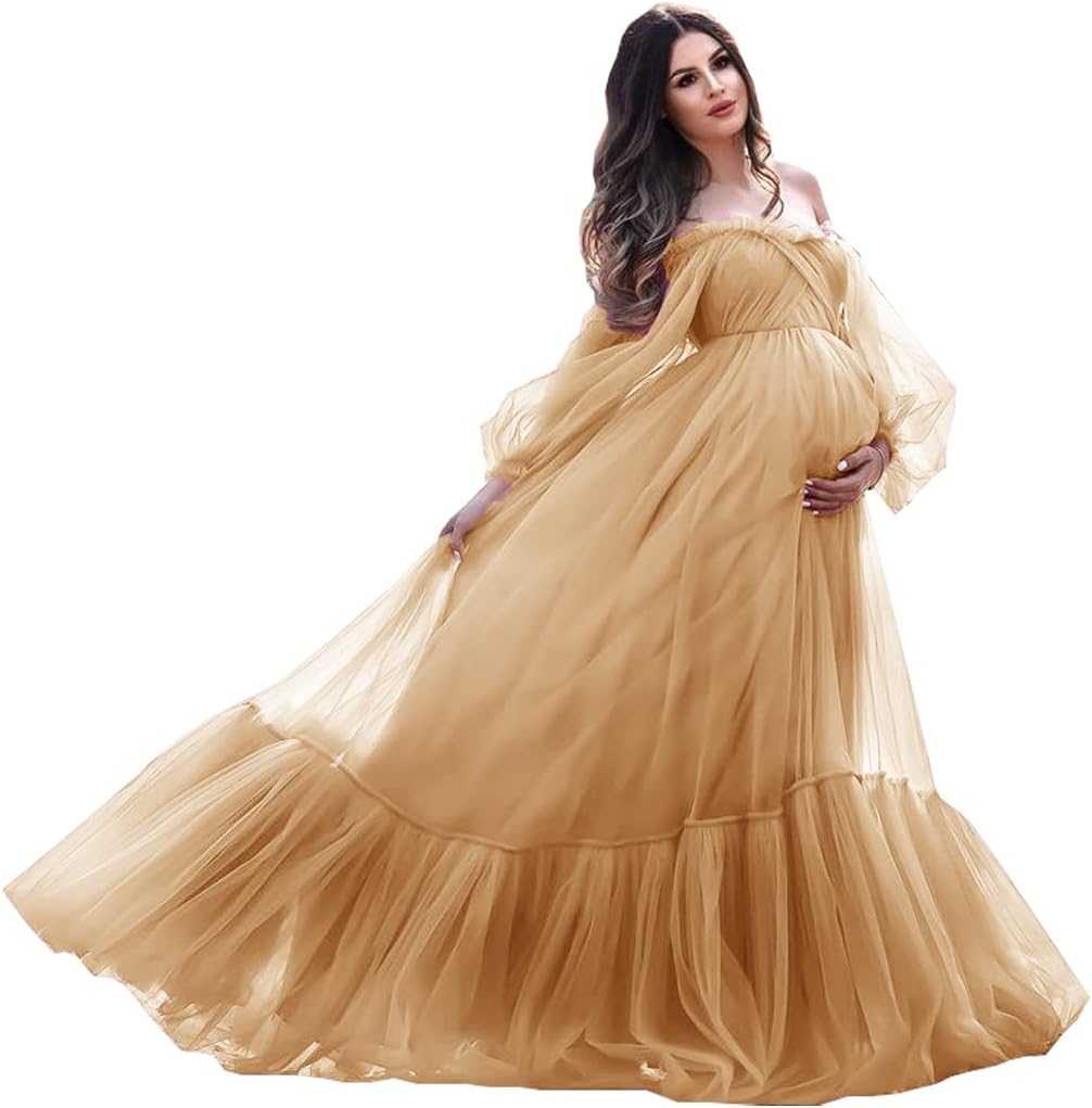 Puffy Sleeve Maternity Dress Tulle Robe for Photoshoot Off Shoulder Pregnancy Baby Shower Gown